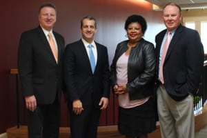 Pictured, from left: Mark Whalen, CEO, Needham Bank; John Antonucci, superintendent of schools, Westwood, and member of the Needham Bank Advisory Council; Sheryl Goodloe, Westwood METCO director; and Jack McGeorge, chairman of the Needham Bank board of directors.