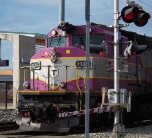 An MBTA commuter rail train pulls out of the station in Chelsea.