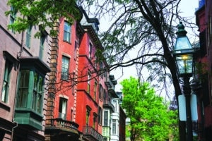 Boston, Street walk downtown, Beacon Hill Massachusetts, flowers summer spring colourful sunny beautiful day, door, staircase, green, doors and windows, residential house