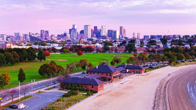 Drone shot of the skyline of Boston, Massachusetts from Moakley Park at dawn. Authorization was obtained from the FAA for this operation in restricted airspace.