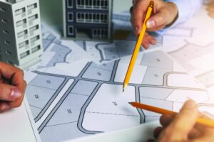 architects, planners and developers pointing to a map of a town, with model buildings next to them